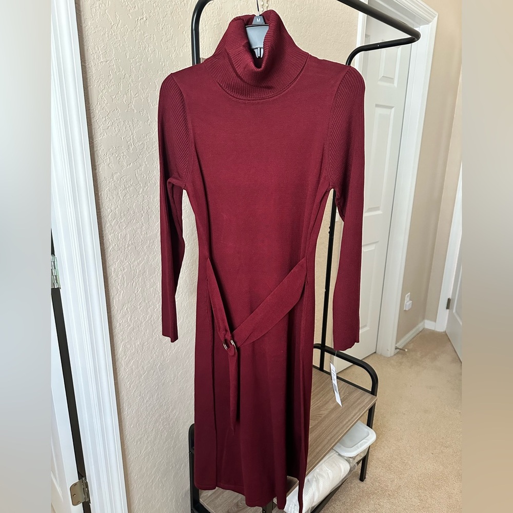 Donna Ricco Burgundy Turtleneck Long Sleeve Knit Dress with Attached Belt
